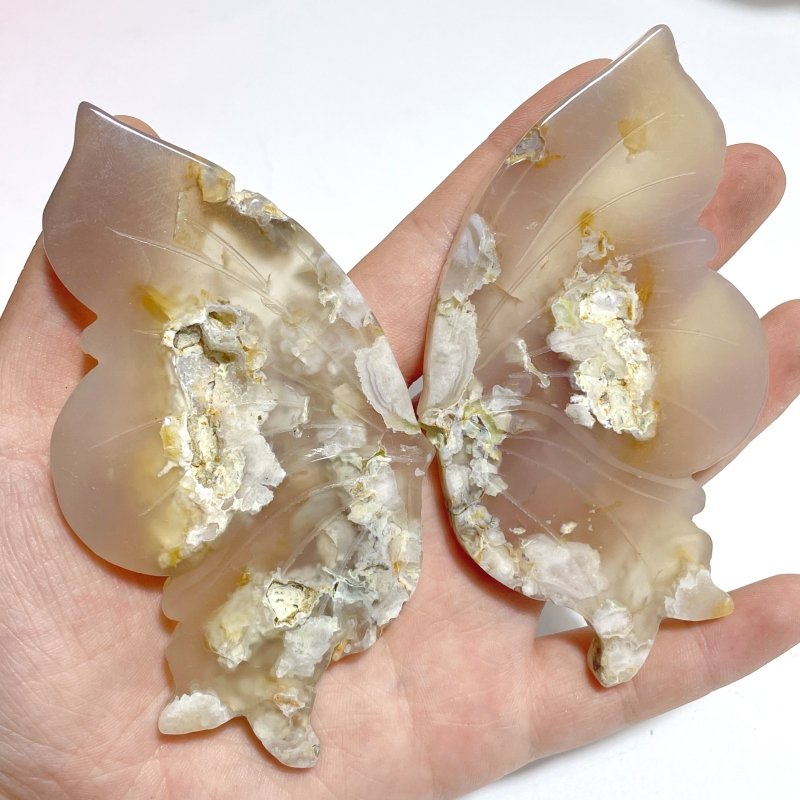 10 Pairs Small Sakura Flower Agate Butterfly Wing Carving With Stand - Wholesale Crystals