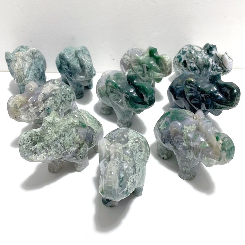 10 Pieces Beautiful Moss Agate Elephant Carving - Wholesale Crystals