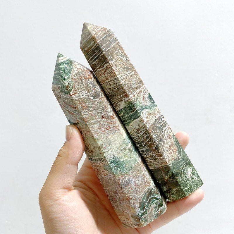 11 Pieces Green Stripe Jasper Point 1 - Wholesale Crystals