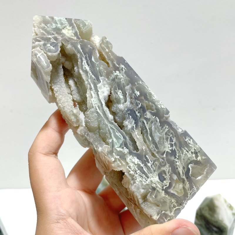 14 Pieces White Geode Druzy Moss Agate Tower Point - Wholesale Crystals