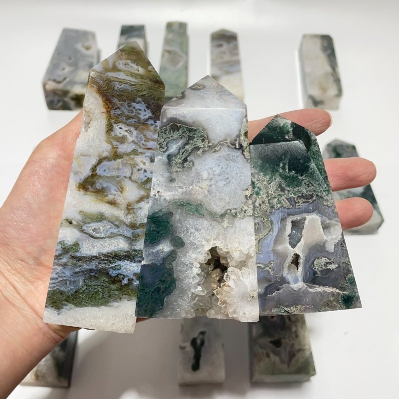 17 Pieces Geode Moss Agate Druzy Four - Sided Points - Wholesale Crystals