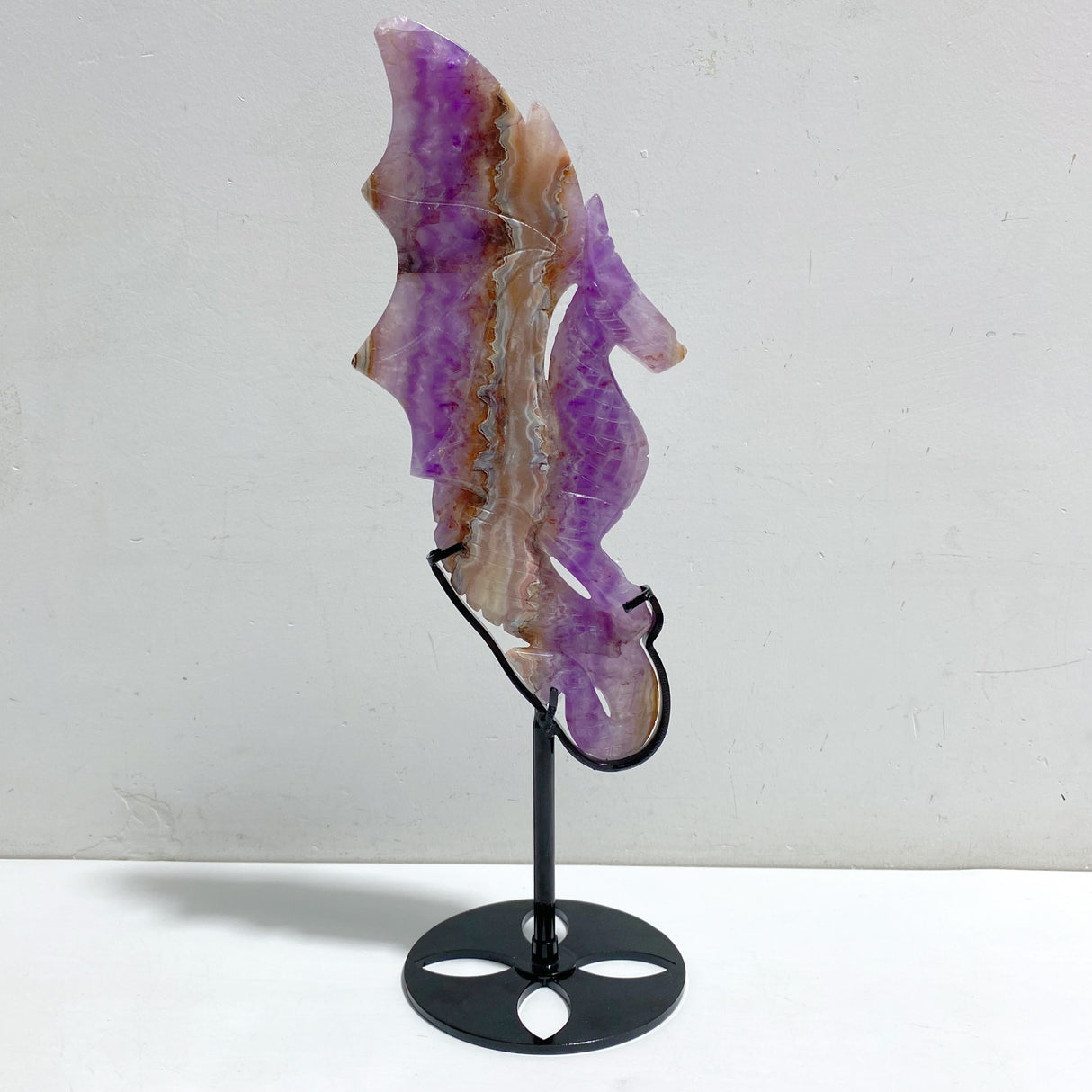 Amethyst Mixed Stripe Agate Flying Dragon Carving With Stand