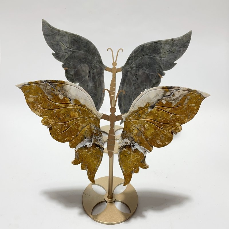 2 Pairs Butterfly Wing Carving With Stand Labradorite Crazy Agate - Wholesale Crystals