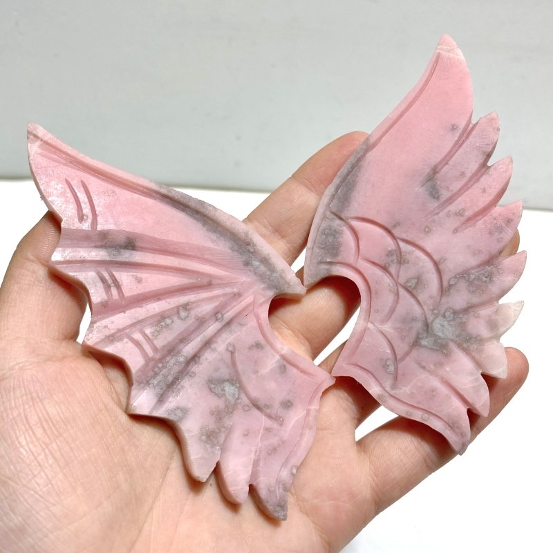 2 Pairs Pink Opal Demon Angel Wing Carving With Stand - Wholesale Crystals
