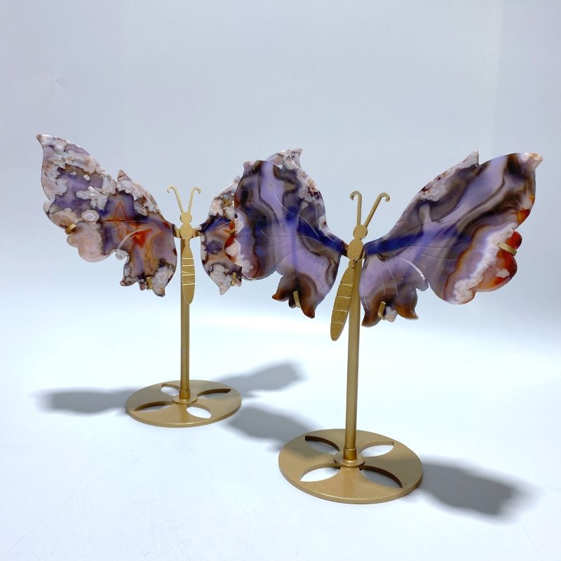 2 Pairs Sakura Flower Agate Butterfly Wing Carving With Stand - Wholesale Crystals