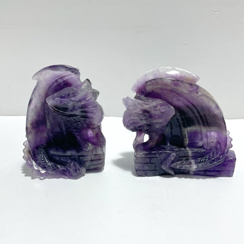 2 Pieces Beautiful Chevron Amethyst Dragon Castle Carving - Wholesale Crystals