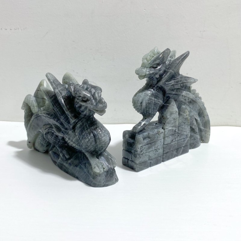 2 Pieces Beautiful Labradorite Flying Dragon Castle Carving -Wholesale Crystals
