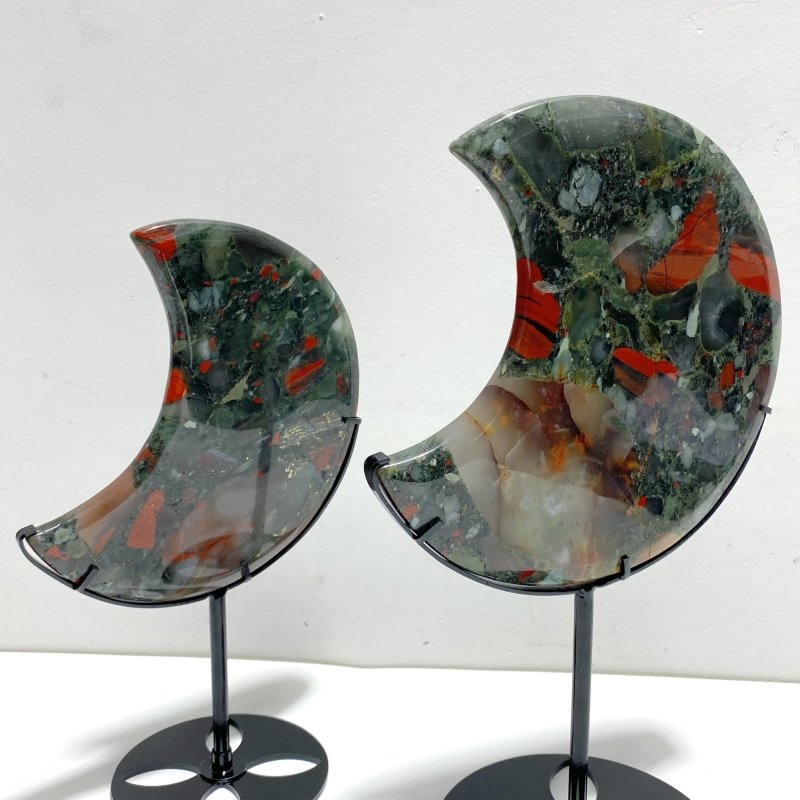 2 Pieces Large Africa Blood Stone Moon Carving With Stand - Wholesale Crystals