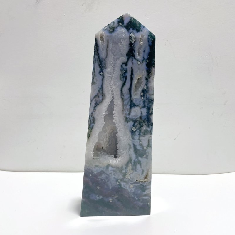 2 Pieces Large Geode Druzy Moss Agate Four - sided Point - Wholesale Crystals