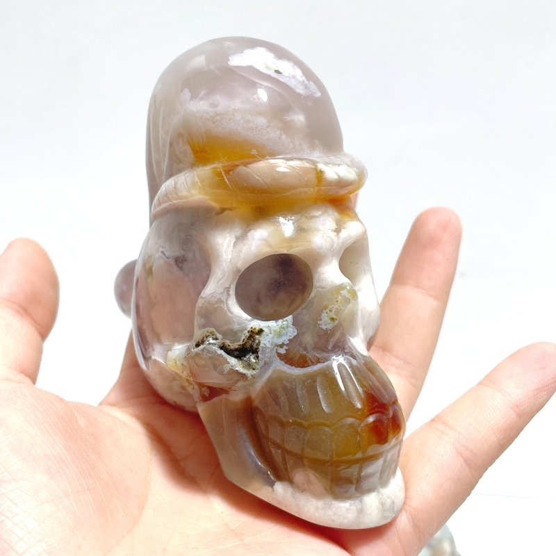 2 Pieces Sakura Flower Agate Christmas Hat Skull Carving - Wholesale Crystals