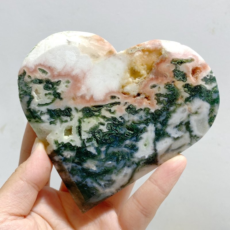 20 Pieces Large Geode Green & Pink Moss Agate Heart -Wholesale Crystals