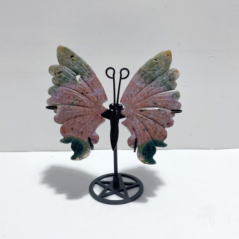 3 Pairs 8th Vein Ocean Jasper Butterfly Wing Carving With Stand #3 - Wholesale Crystals