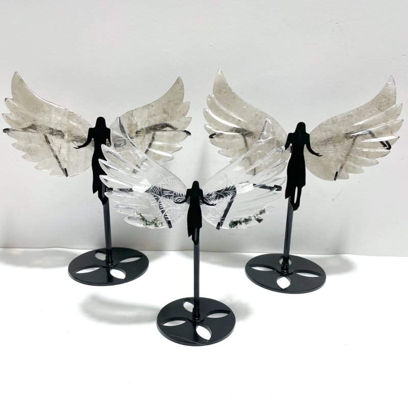 3 Pairs Angel Wing Carving With Stand Clear Quartz Smoky Quartz - Wholesale Crystals