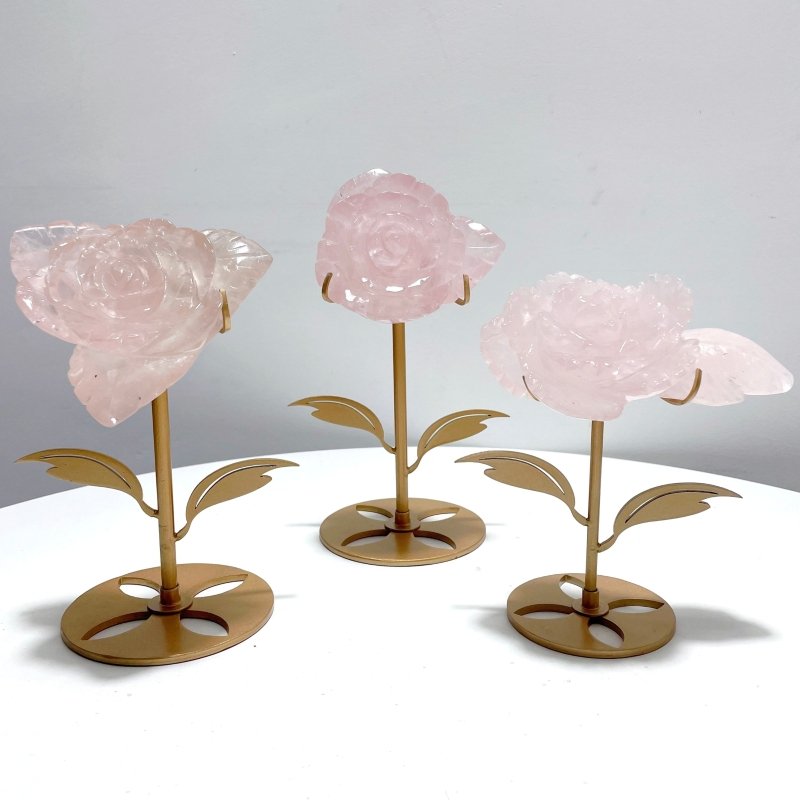 3 Pairs Beautiful Rose Quartz Flower Carving With Stand - Wholesale Crystals