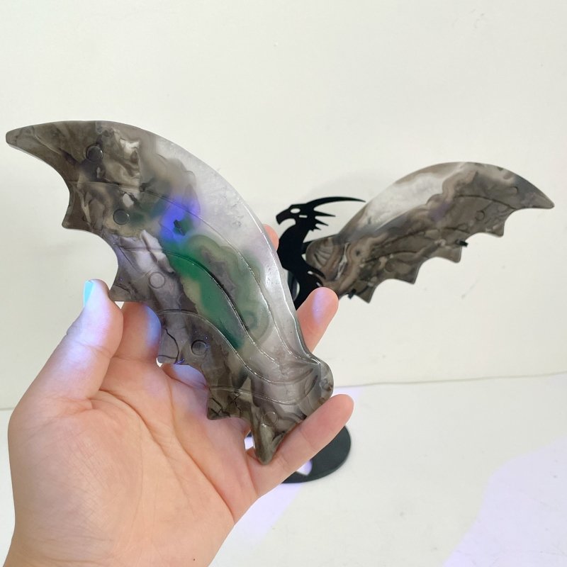 3 Pairs Volcano Agate Flying Dragon Carving With Stand (UV Reactive)1 - Wholesale Crystals