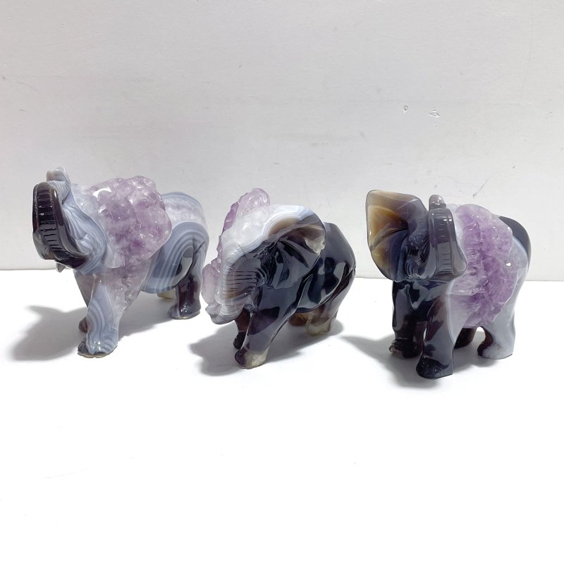 3 Pieces Amethyst Mixed Geode Druzy Agate Elephant Animal Carving A22 - Wholesale Crystals