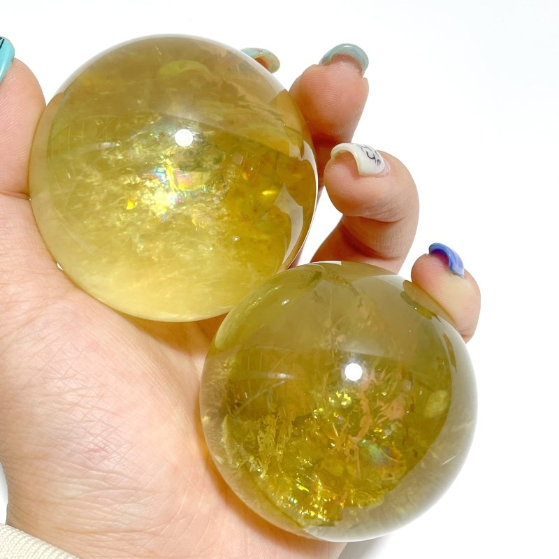 3 Pieces High Quality Dentritic Quartz Citrine Spheres With Rainbow For Collection - Wholesale Crystals