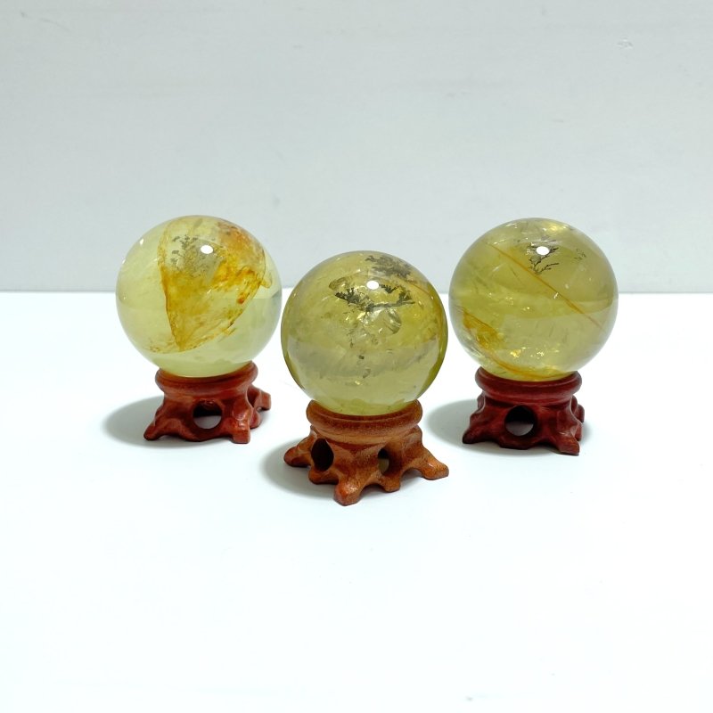 3 Pieces High Quality Dentritic Quartz Citrine Spheres With Rainbow For Collection - Wholesale Crystals