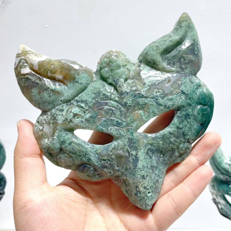 3 Pieces Moss Agate Fox Mask Carving With Stand - Wholesale Crystals