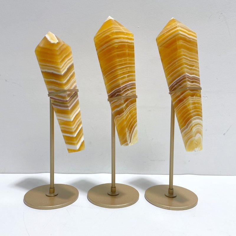 3 Pieces Yellow Calcite Magic Scepter Wand Points With Stand - Wholesale Crystals