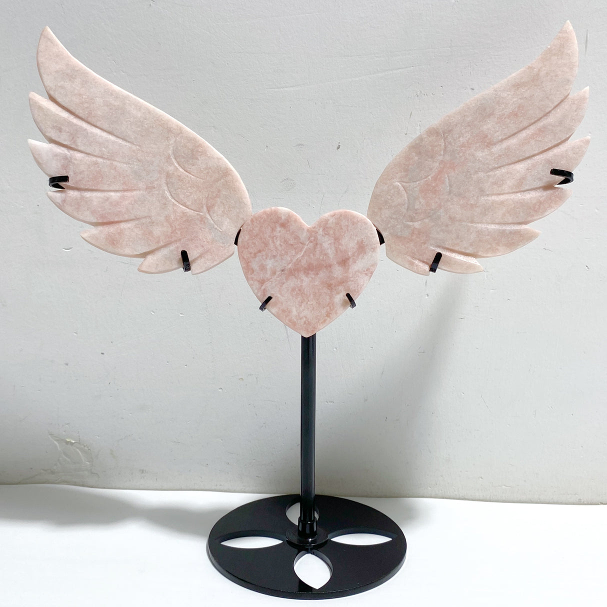 Pink Opal Heart Wing Carving With Stand