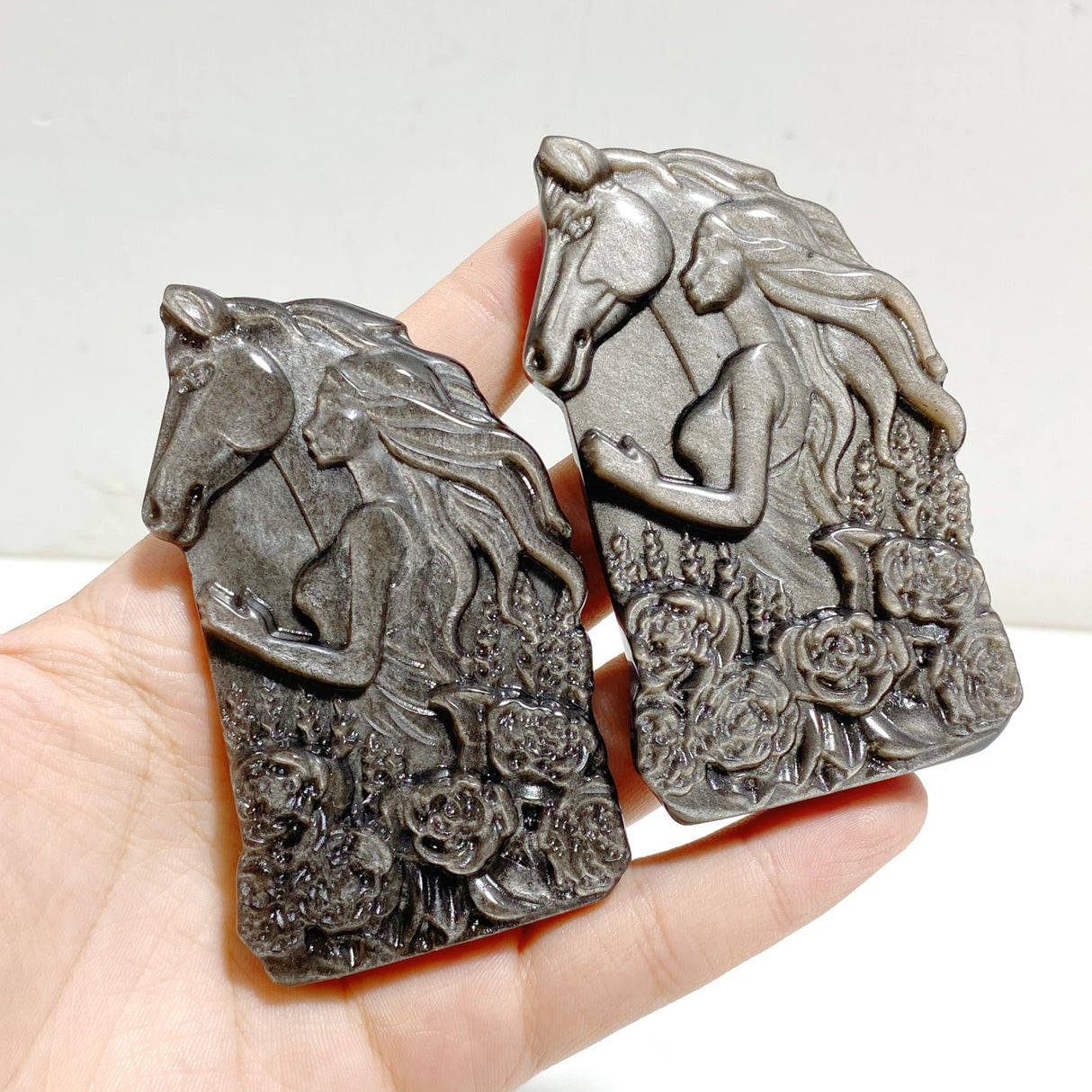 Silver Sheen Obsidian Lady With Horse Carving Wholesale