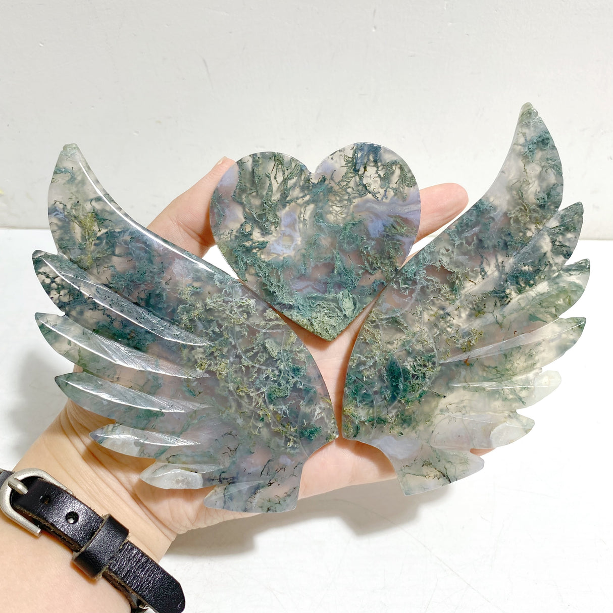 Moss Agate Heart Wing Carving With Stand