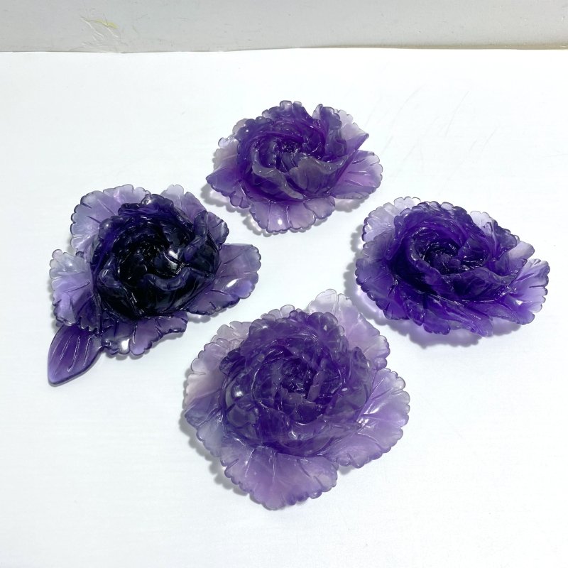 4 Pieces Beautiful Purple Fluorite Flower Carving 2 - Wholesale Crystals
