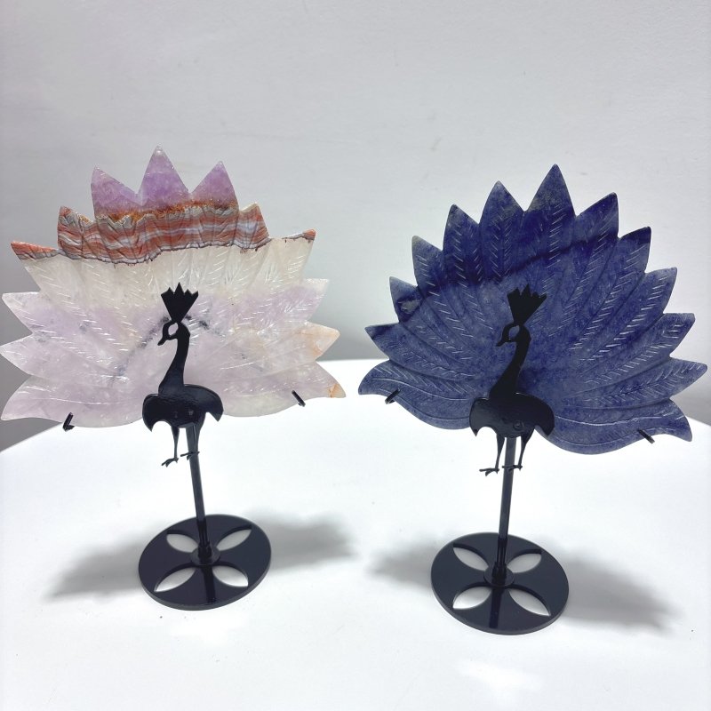 4 Pieces Peacock Shape Stone Carving With Stand Fluorite Amethyst Mixed Agate - Wholesale Crystals