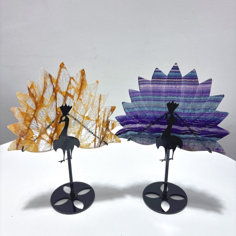 4 Pieces Peacock Shape Stone Carving With Stand Fluorite Amethyst Mixed Agate - Wholesale Crystals