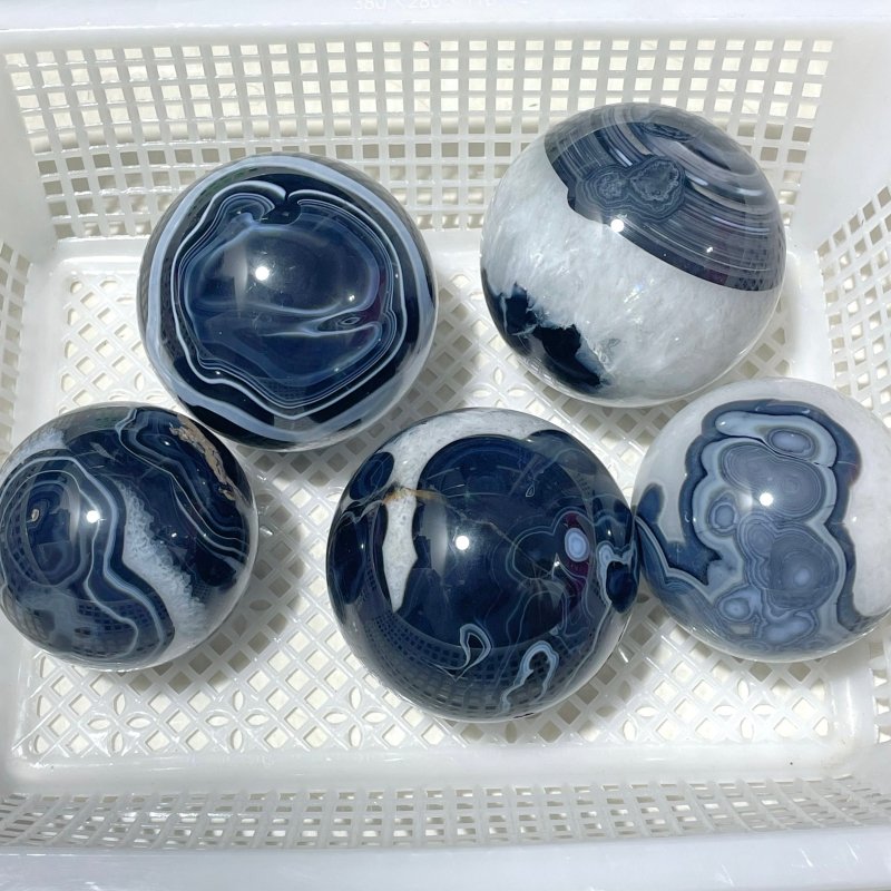 5 Pieces Large Black Agate Mixed Quartz Spheres - Wholesale Crystals