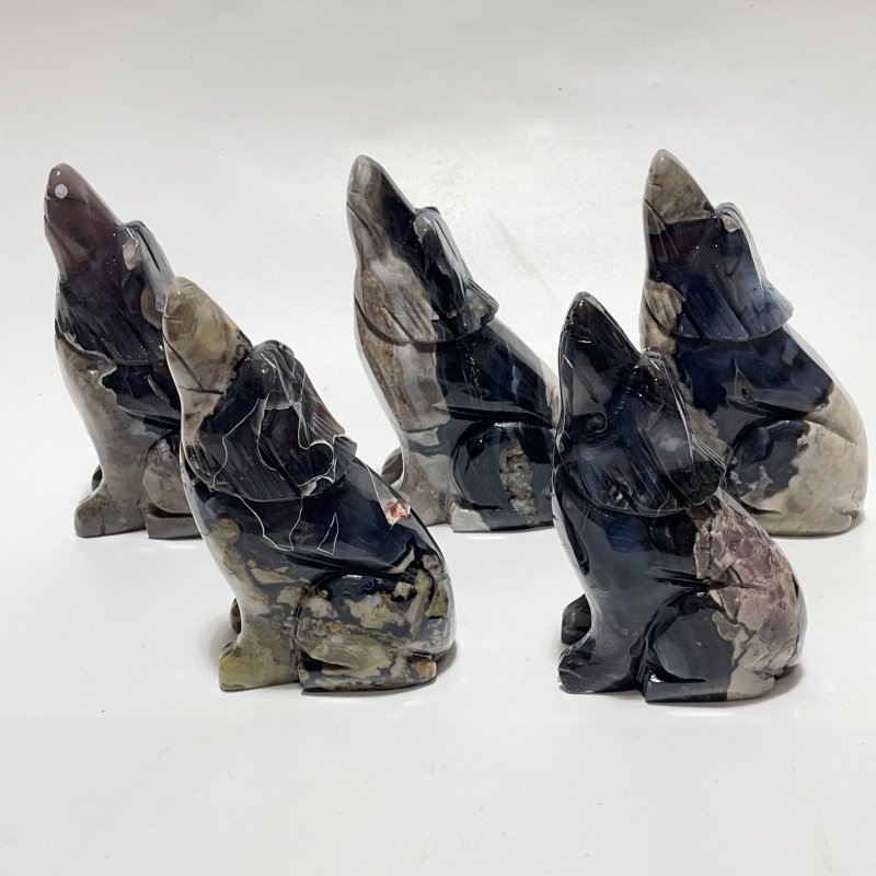 5 Pieces Large Volcanic Agate Wolf Carving(UV - Reactive) - Wholesale Crystals