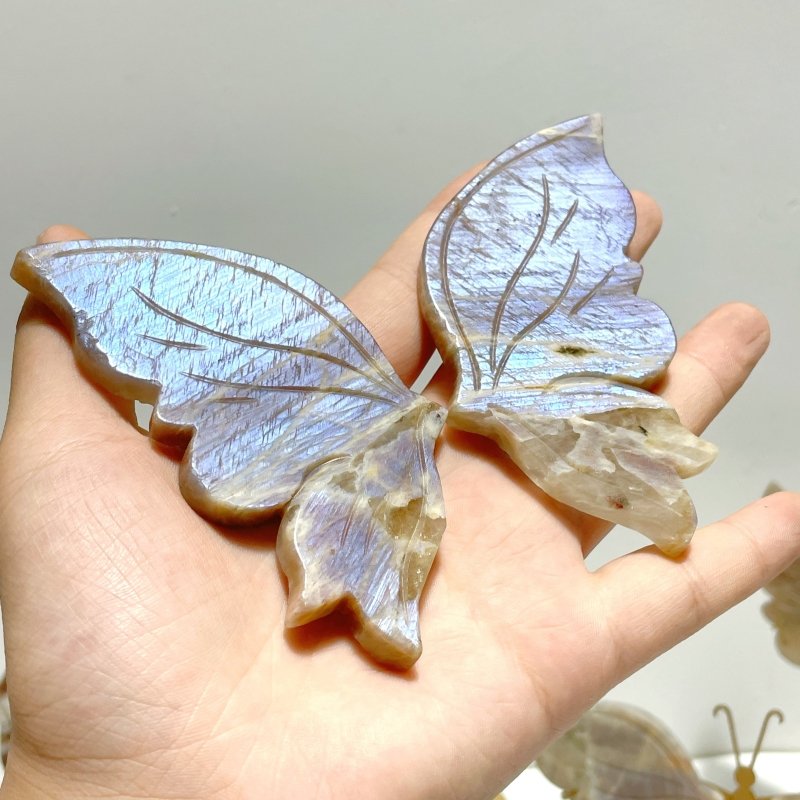 6 Pairs Sunstone Mixed Moonstone Butterfly Wing Carving With Stand - Wholesale Crystals