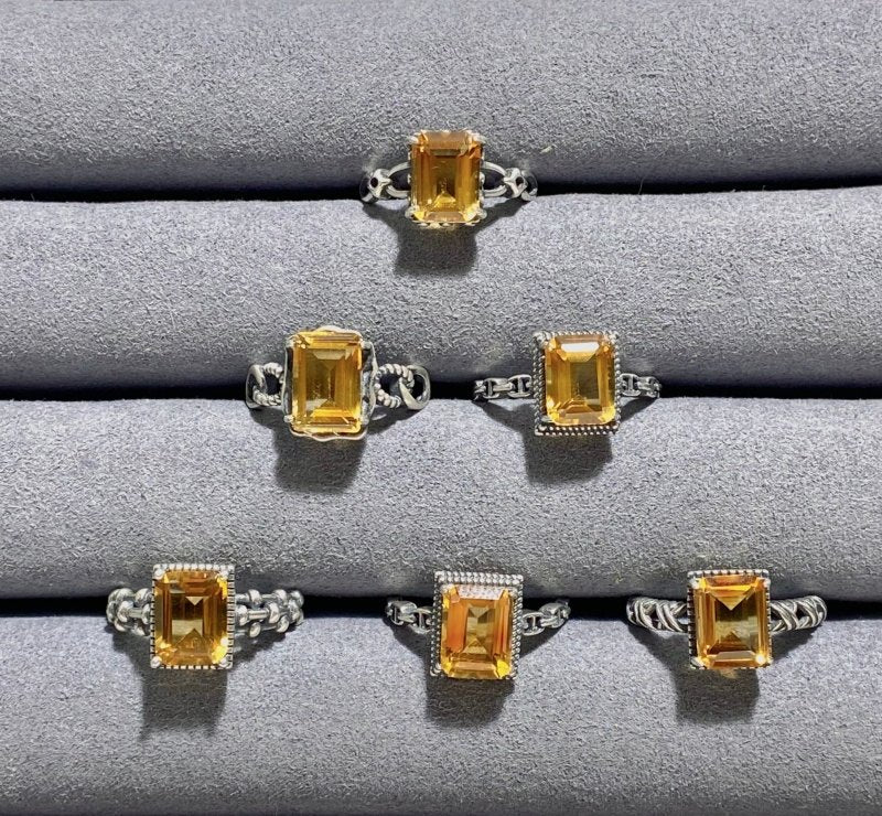 6 Pieces Citrine Sugar Cube 925 Silver Ring Different Styles - Wholesale Crystals