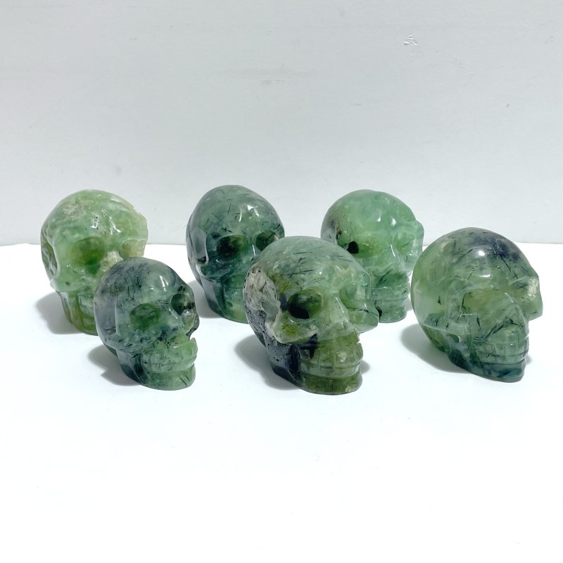 6 Pieces Green Prehnite Geode Skull Carving - Wholesale Crystals