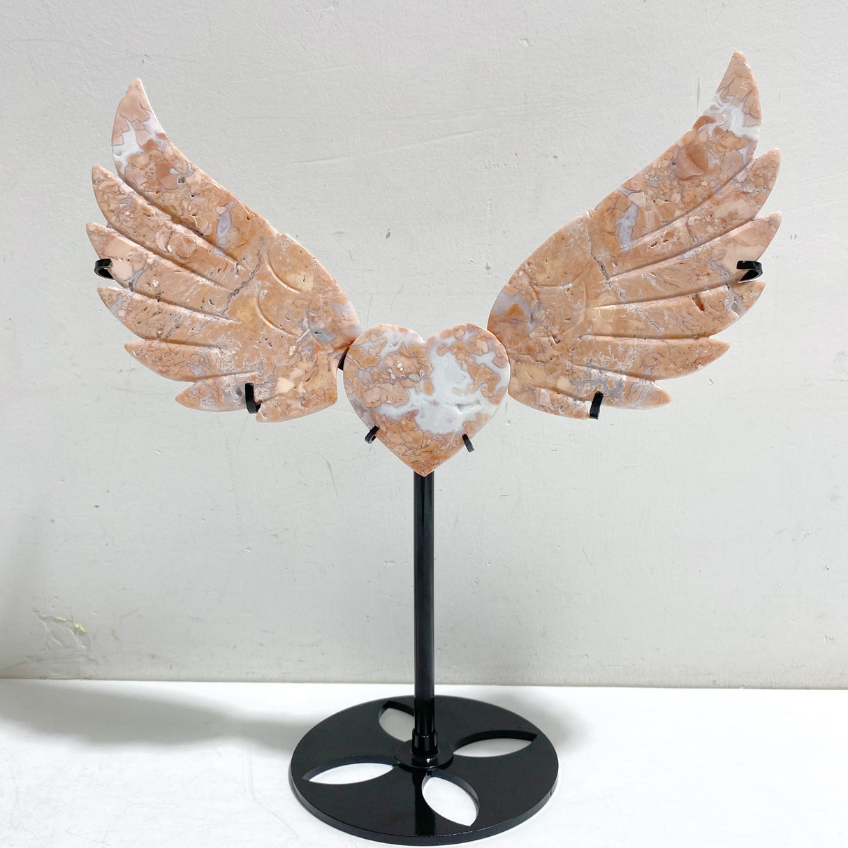 Pink Agate Heart Wing Carving With Stand