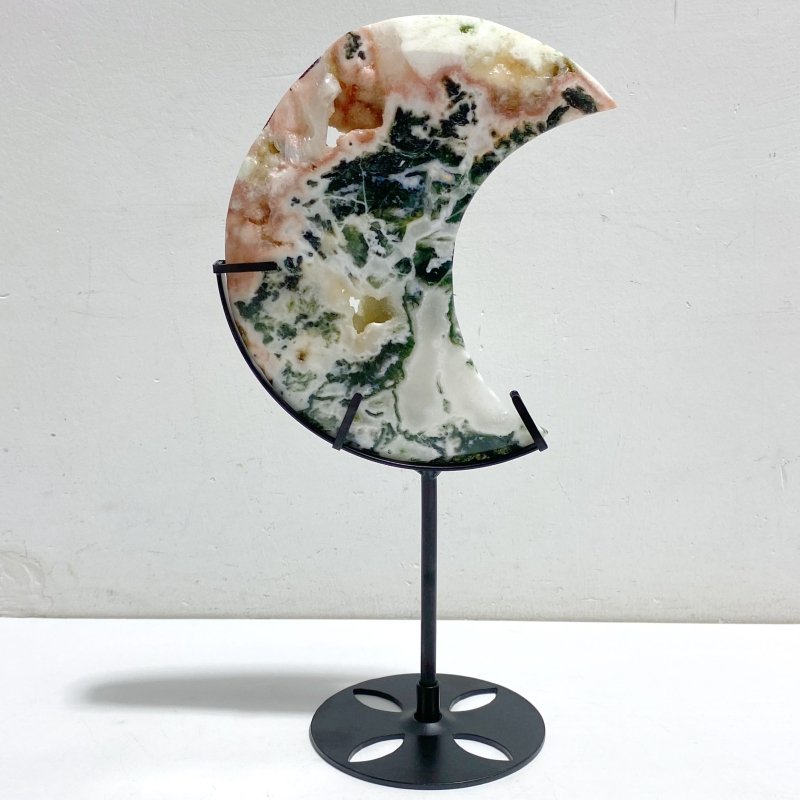 7 Pieces Large Geode Green & Pink Moss Agate Moon Carving With Stand -Wholesale Crystals