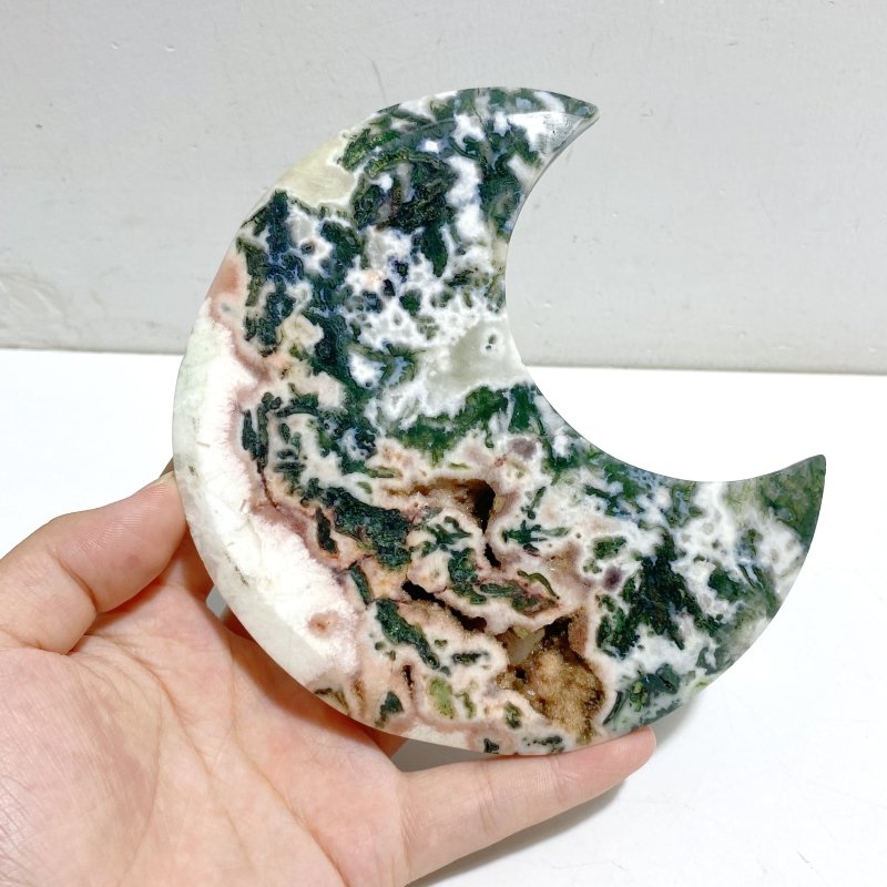 7 Pieces Large Geode Green & Pink Moss Agate Moon Carving With Stand -Wholesale Crystals