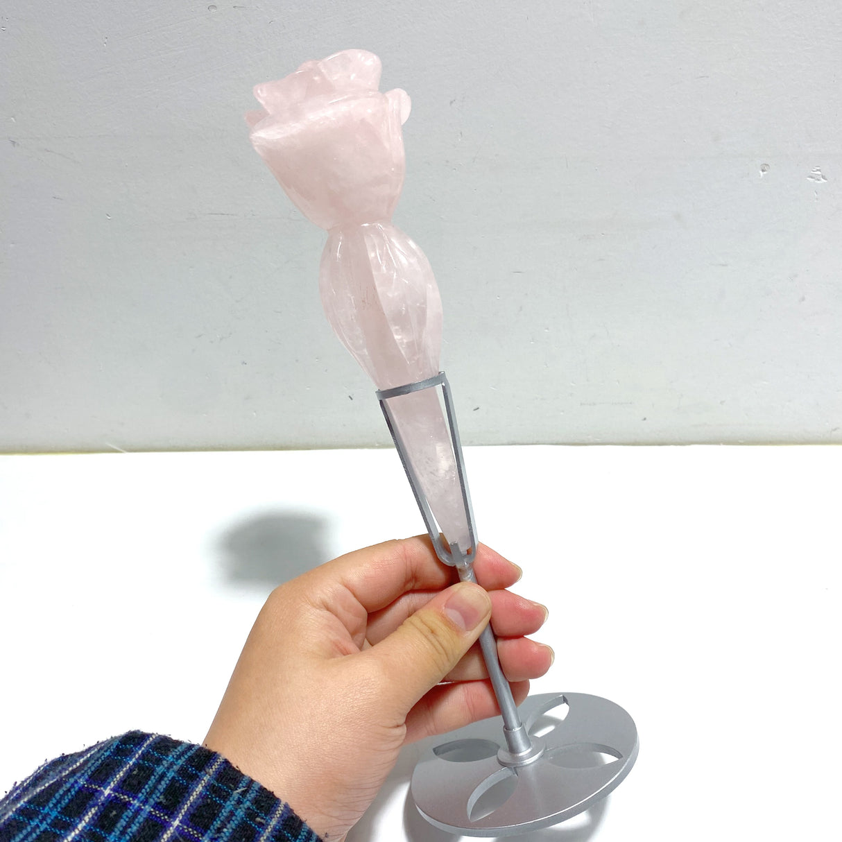 5 Pieces Rose Quartz Chevron Amethyst Flower Carving With Stand