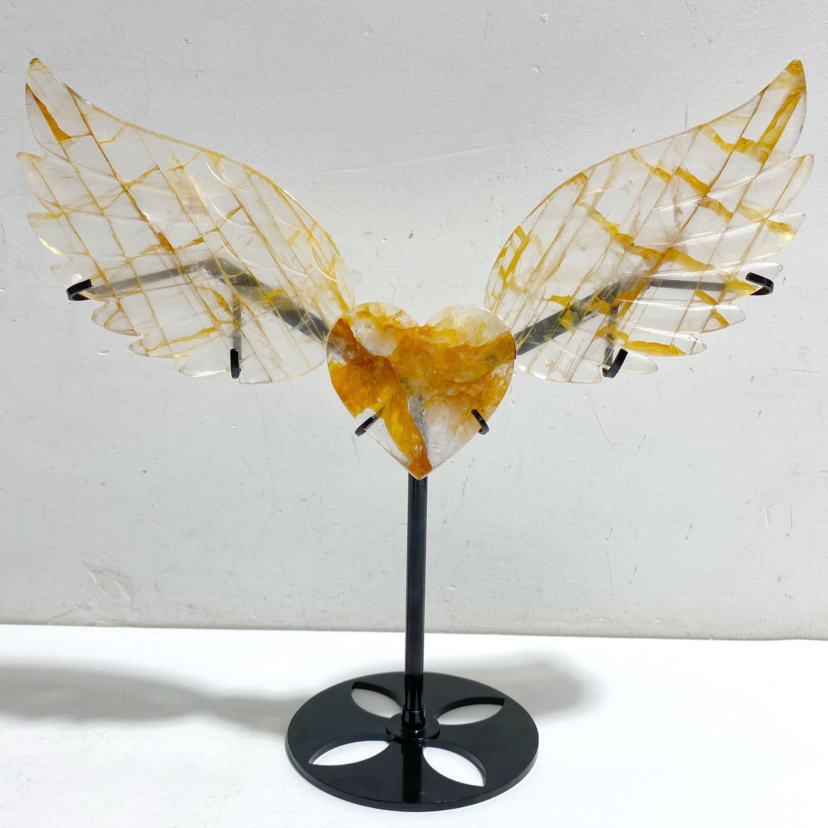 Golden Hematoid Quartz Heart Wing Carving With Stand Fire Quartz