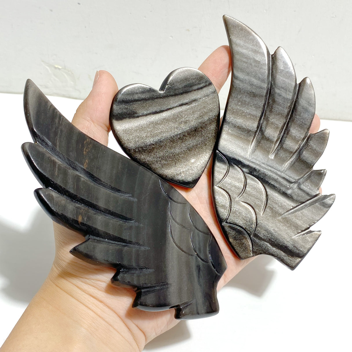 Silver Sheen Obsidian Heart Wing Carving With Stand
