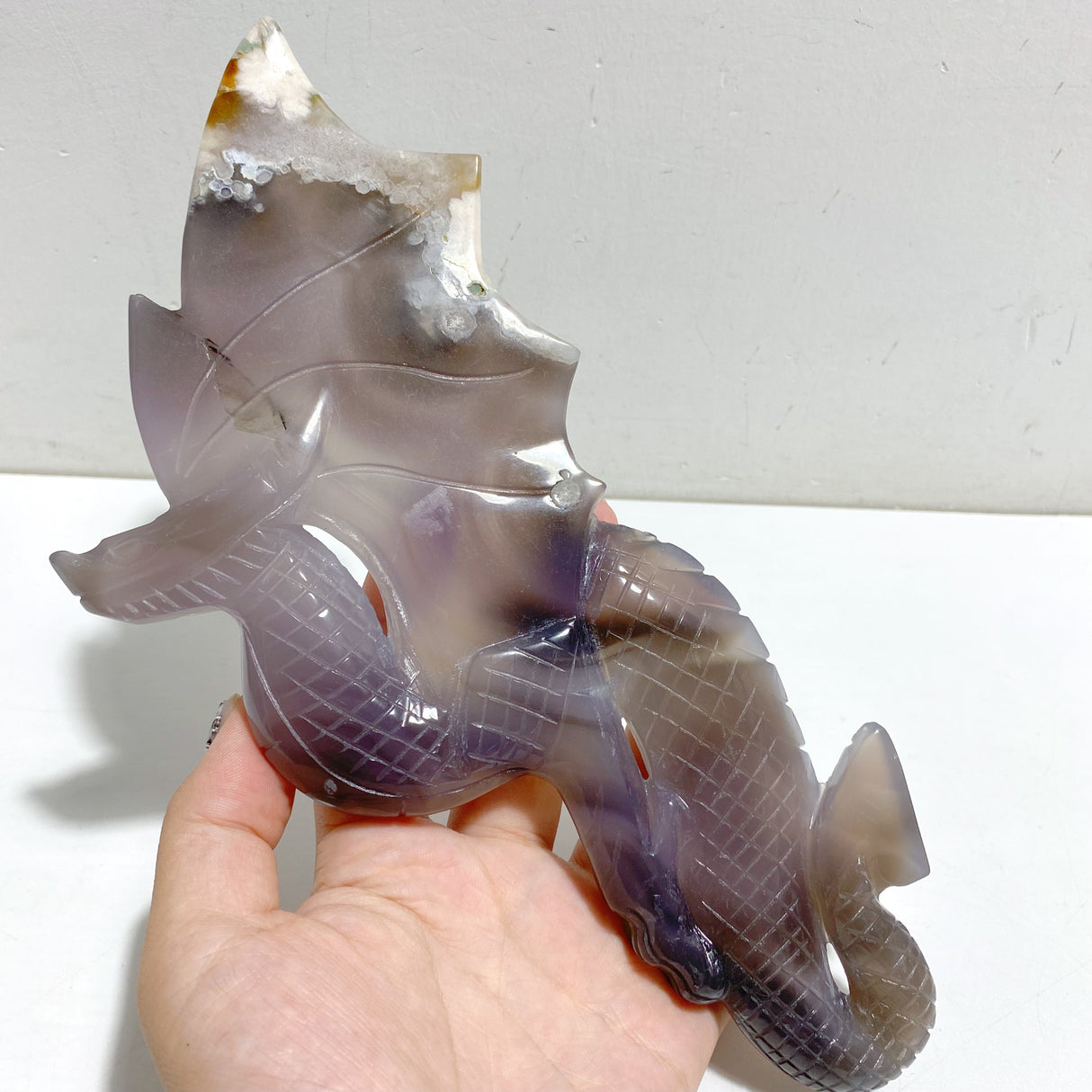 Sakura Flower Agate Flying Dragon Carving With Stand