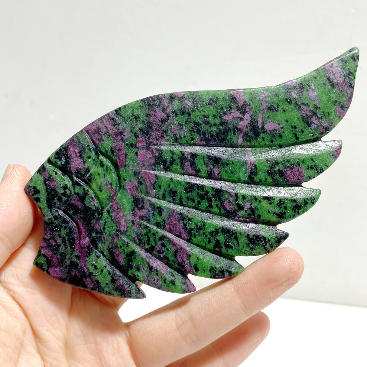 Ruby Zoisite Heart Wing Carving With Stand