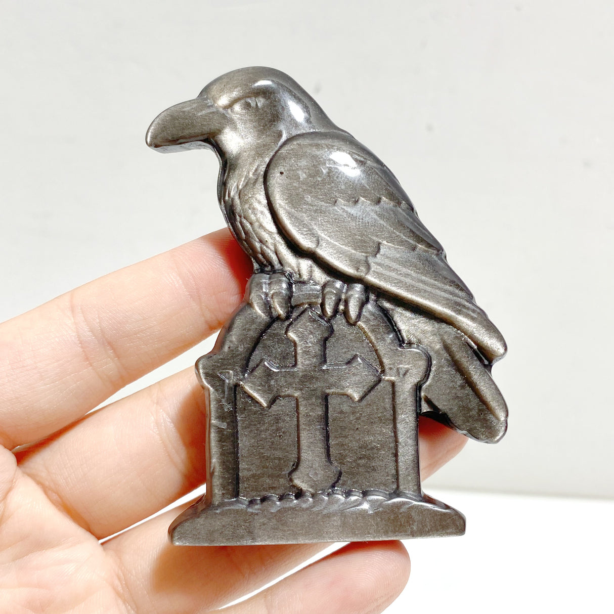 Silver Sheen Obsidian Crow Tomb Carving Wholesale
