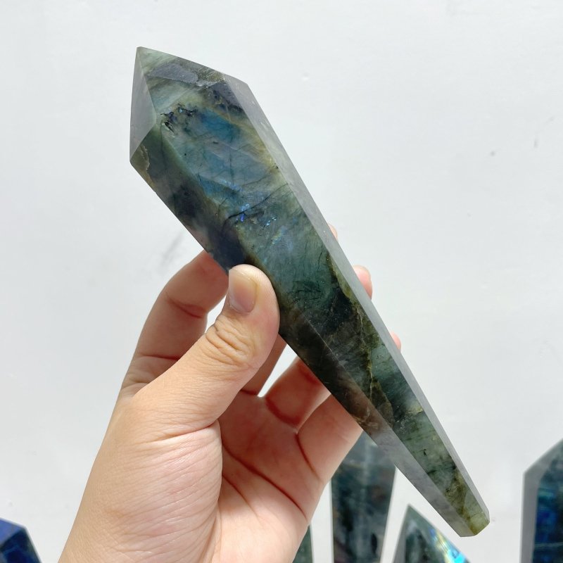 9 Pieces High Quality Labradorite Magic Scepter Wand Points With Stand - Wholesale Crystals