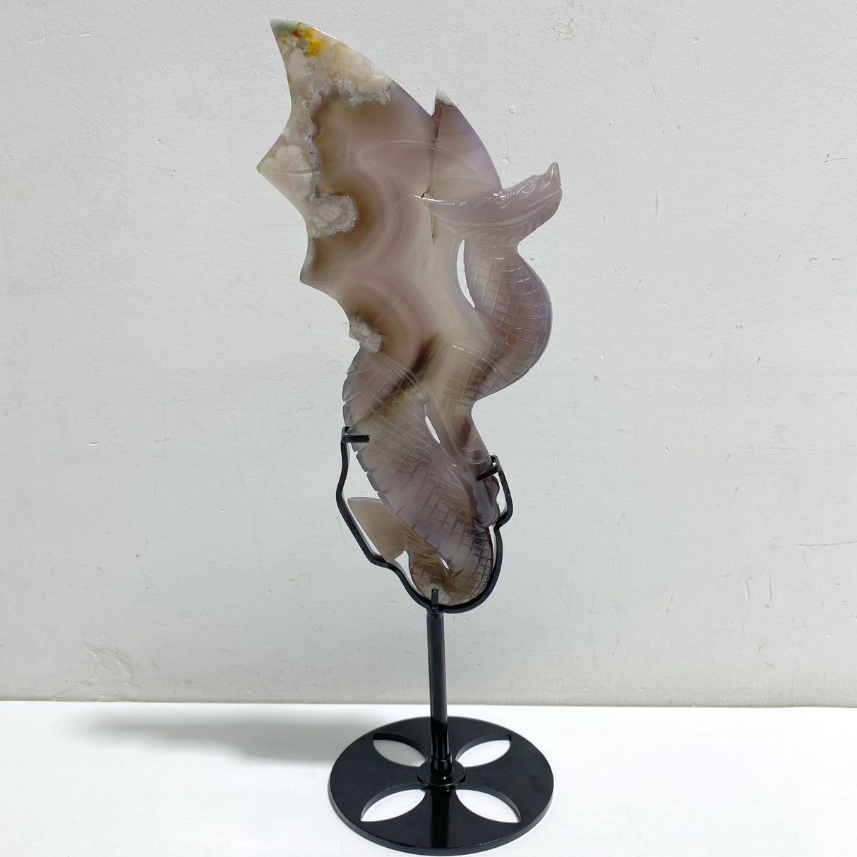 Sakura Flower Agate Flying Dragon Carving With Stand