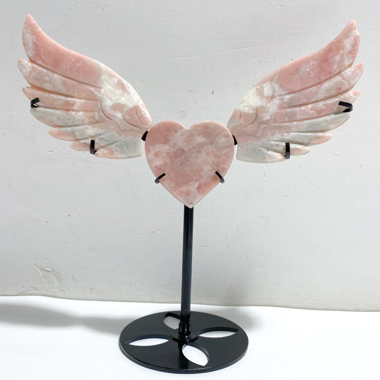 Pink Opal Heart Wing Carving With Stand
