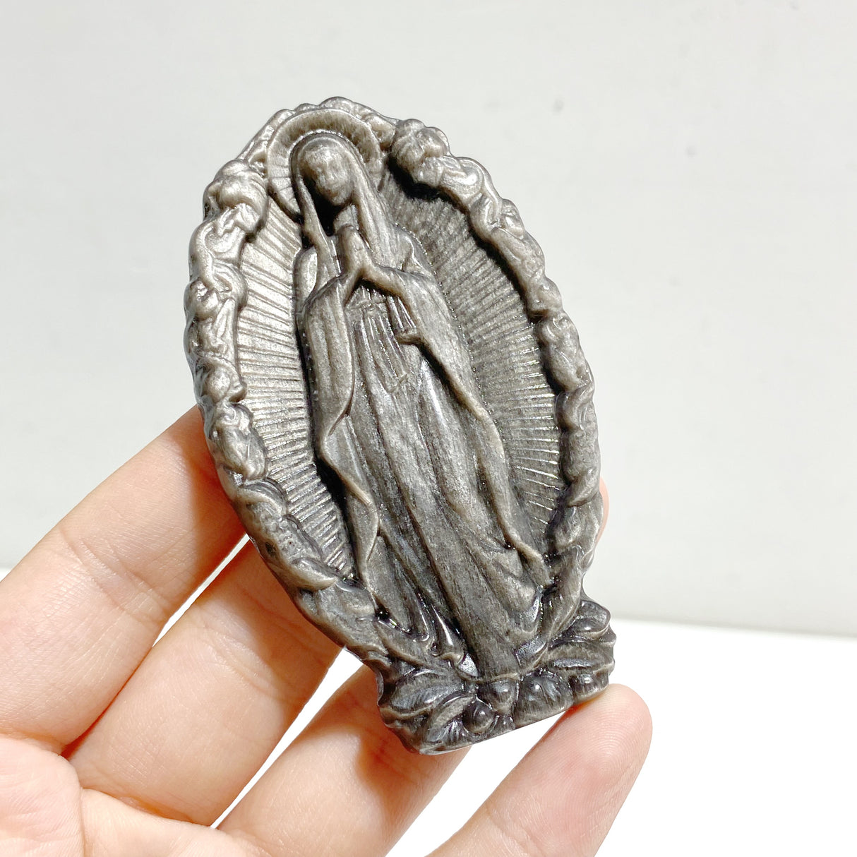 Silver Sheen Obsidian Virgin Mary Carving Wholesale