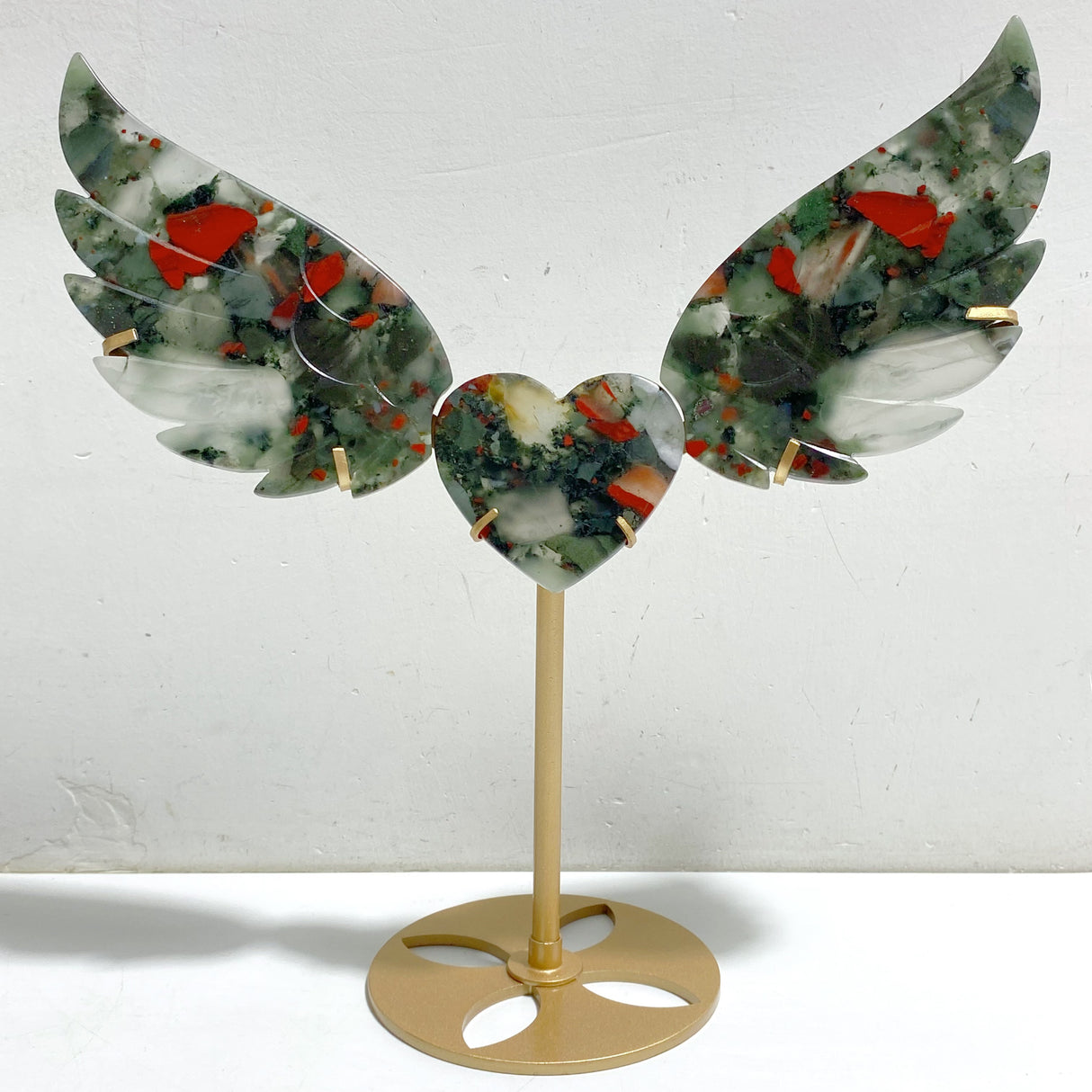 Africa Blood Stone Heart Wing Carving With Stand
