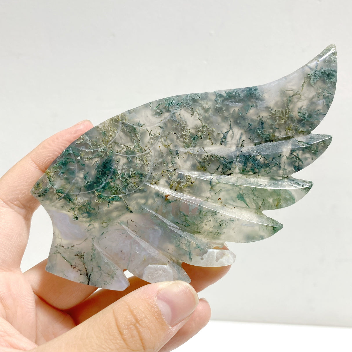 Moss Agate Heart Wing Carving With Stand